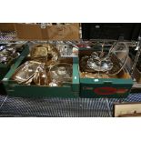 Two cartons of decorative silver-plated items, including warming dish with Pyrex liner, hors d'