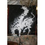 Late 20th/early 21st century modern white on black picture on canvas, The Bronco Buster (224 x 138