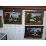 Three paintings on glass, including two framed as a pair, of mountain and lake landscapes with