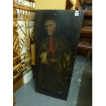 An old rustic panel painted with a study of a bonneted grandmother figure with fur wrap and red