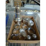 English silver, comprising: a late Victorian mustard pot, sugar caster, egg cup, shell caddy