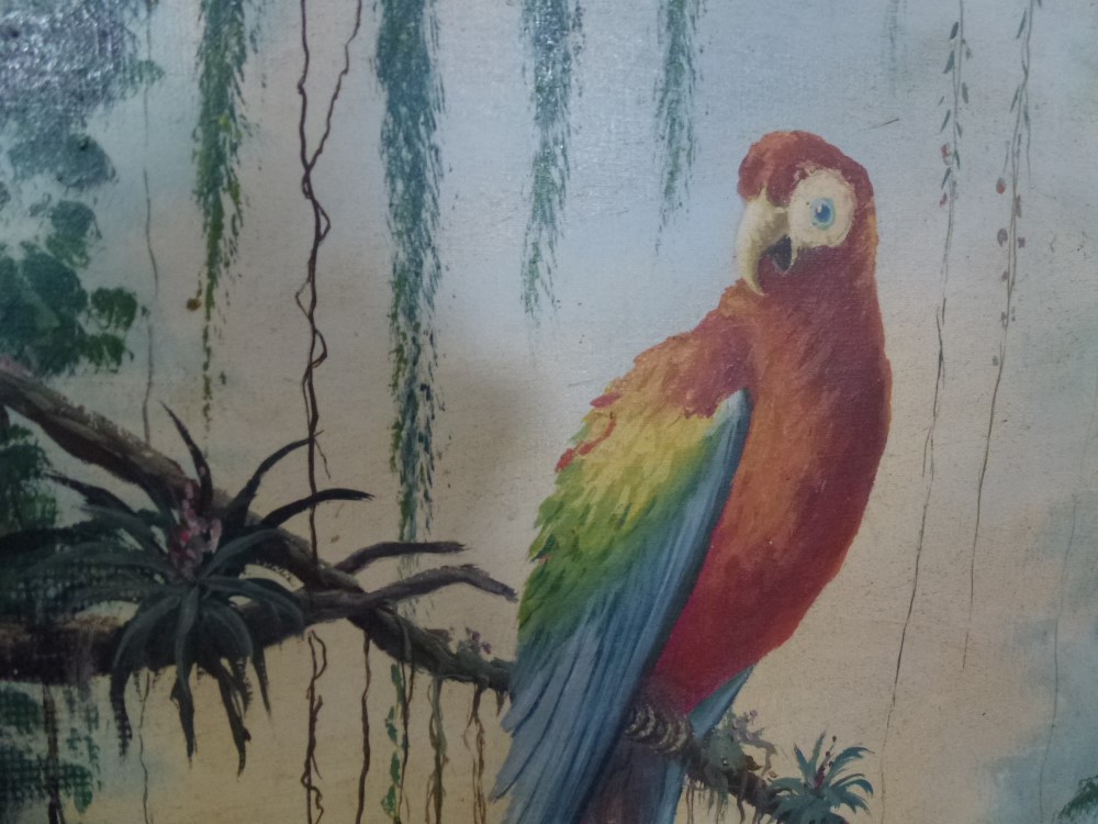 A macaw, perched on tropical foliage above a river, by R. Restiou (?), signed, oil on canvas (49 x - Image 2 of 3