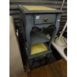 A pair of bedside tables, painted blue with yellow tops. FOR DETAILS OF ONLINE BIDDING ON THIS LOT