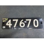 A vintage locomotive number plate in cast iron, no. 47670, 5.9 x 21.6 in, ex-LMS 0-6-0 tank
