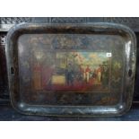 An interesting 19th century toleware metal tea tray painted with a military scene depicting George