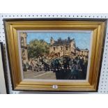 'Delph Brass Band leading a Whit Friday procession' by John McCombs, signed and dated 1988, oil on
