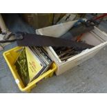 A box of vintage tools including saws, chisels, hacksaws, etc. plus a quantity of LPs [under lot