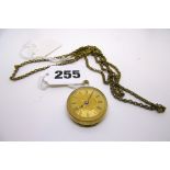 A 9 ct gold open-face lady's pocket watch and a metal long chain FOR DETAILS OF ONLINE BIDDING ON