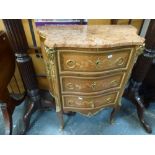A charming Continental small chest of three drawers with full marquetry inlay beneath a marble top