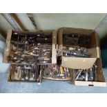 Five boxes of vintage wood working tools including Porter USA pliers, clamps, planes, tape measures,