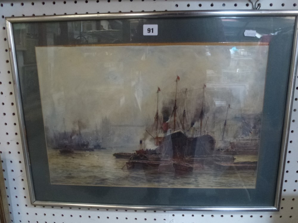 'The Lower Pool, London' by F.W. Scarbrough, signed and inscribed, showing steamships on the