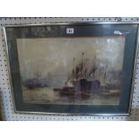 'The Lower Pool, London' by F.W. Scarbrough, signed and inscribed, showing steamships on the