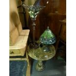 Two Tiffany style table lamps with glass shades and a marble side table FOR DETAILS OF ONLINE