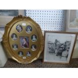 A shaped oval gilt wood frame with foliate decoration, inset with nine decorative late 19th