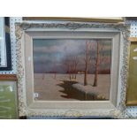 A snow-covered landscape at sunset, cottages beyond a river, by V. Emanuelov, signed, oil on