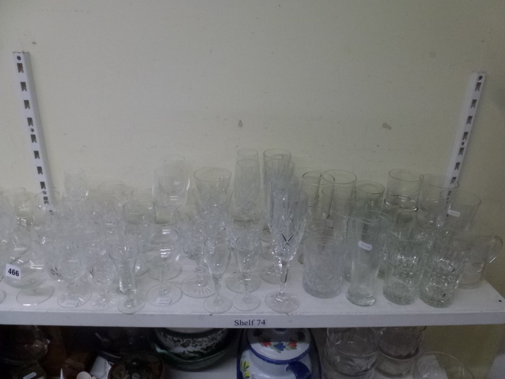 A shelf and glass of mainly drinking glasses including a set of six cut glass champagne flutes, - Image 3 of 3
