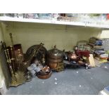 A quantity of brass and metalwares including a fireside set and screen, brass pail, a copper