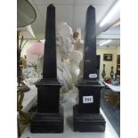 A pair of late 19th century polished slate obelisks, 16 in high [V] FOR DETAILS OF ONLINE BIDDING ON