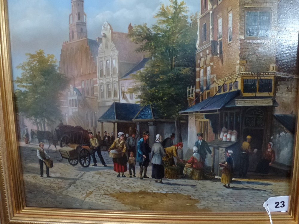 A busy Continental town square, signed Daniel Varga (49 x 39 cm), decorative gilt frame FOR - Image 2 of 2