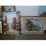 A street in a southern town, signed Peter, oil on board (60 x 45 cm), and three other pictures