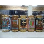 A set of five highly decorative glass apothecary jars for Rhubarb, Sulphur, Arrowroot, Peruv.bark