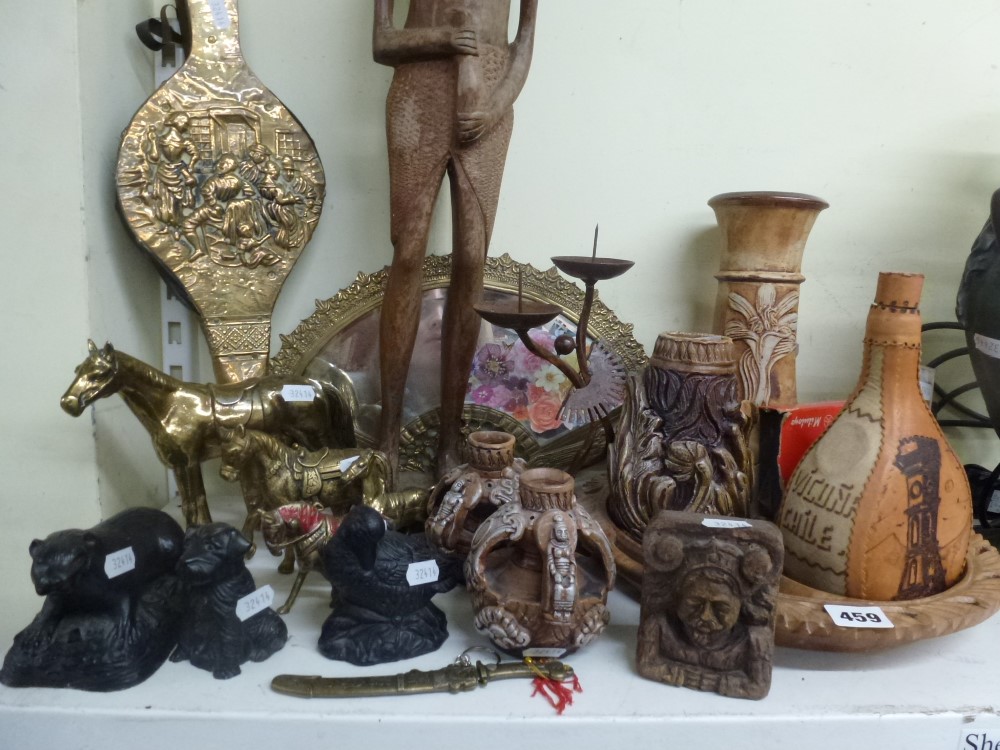 A small quantity of brass including a mirror, bellows and horse ornaments, resin figurines of