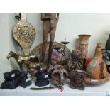 A small quantity of brass including a mirror, bellows and horse ornaments, resin figurines of