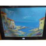 A sunlit Mediterranean scene of houses by the sea by Padovani, signed, gouache (38 x 53.5 cm), plain