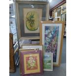 A framed print in green and yellow of a plant in a jar signed G. Braque (40 x 30 cm), various flower