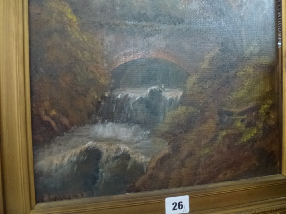 A Highland torrent in full spate in a wooded ravine, signed (illegible), early 19th century, oil - Image 2 of 3