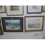 Beached boats with seagulls signed Samar, watercolour (266.5 x 37 cm), and a watercolour of an