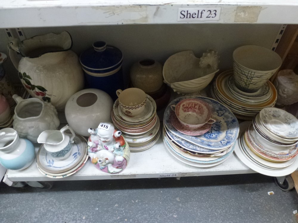 Two shelves of various tea and dinnerware including plates, saucers, toast rack plus large jug, - Image 3 of 3