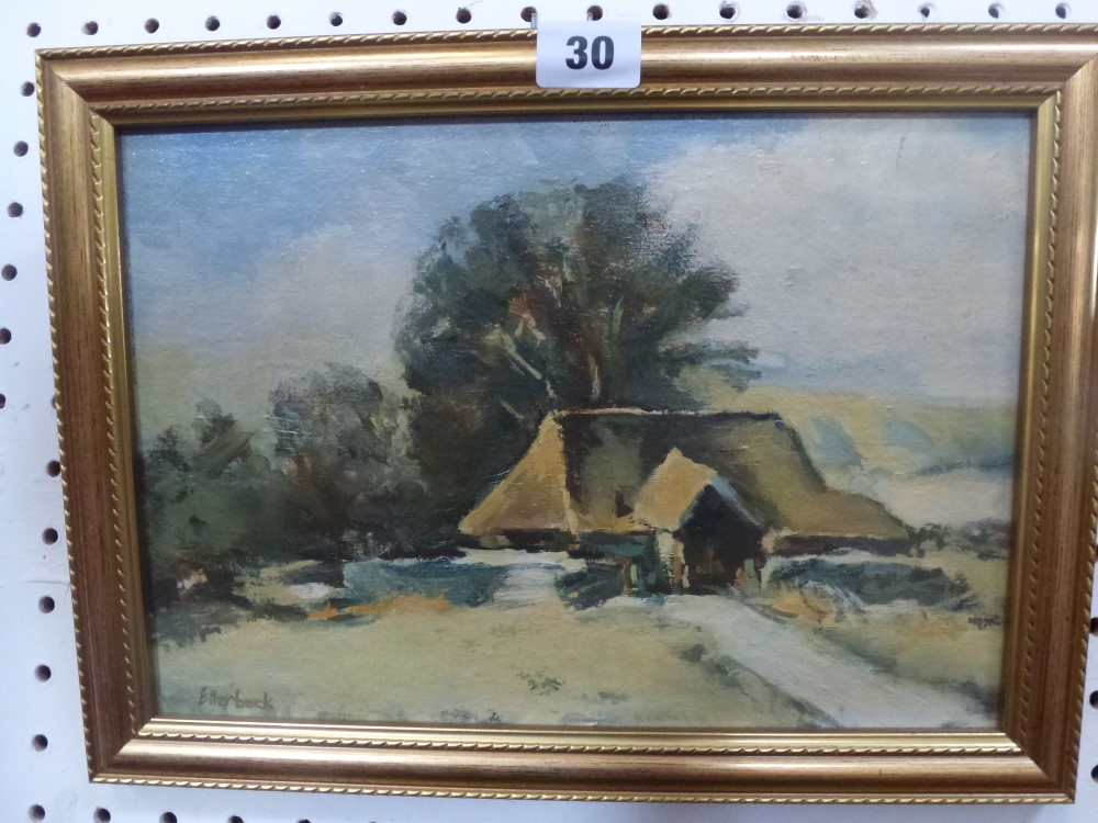'A Sussex Barn, Alfriston' by K. Ellebeck, signed, oil on board (20 x 28.5 cm), gilt frame, together - Image 2 of 2