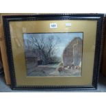 A farmyard in winter by J. Atkinson, signed, with the farmer's wife and chickens by a haystack,