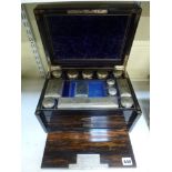 A Victorian coromandel wood vanity case, retaining glass and silver-plated fittings, with two