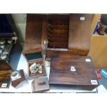 A Victorian rosewood box, a stationery box, a reproduction brass sextant in teak box, an inkwell,
