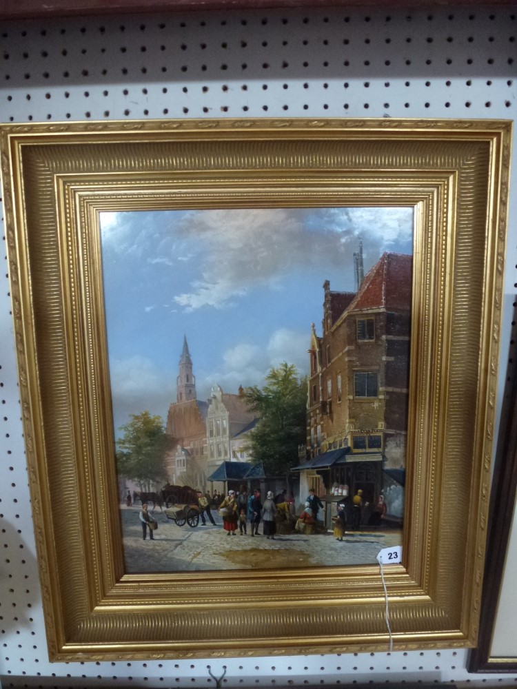 A busy Continental town square, signed Daniel Varga (49 x 39 cm), decorative gilt frame FOR