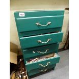 A green painted five drawer chest containing sewing cottons and sewing related items [under s86] FOR