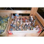 A carton of painted model soldiers including Prado and Oryon, and a box of plastic soldiers [shelves