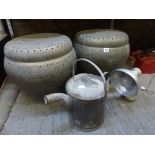 A pair of large Middle Eastern brass pots and lids with pierced decoration, metal watering-can and a