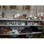 Three shelves of mixed items including a small quantity of glassware - beer glasses, decanters and