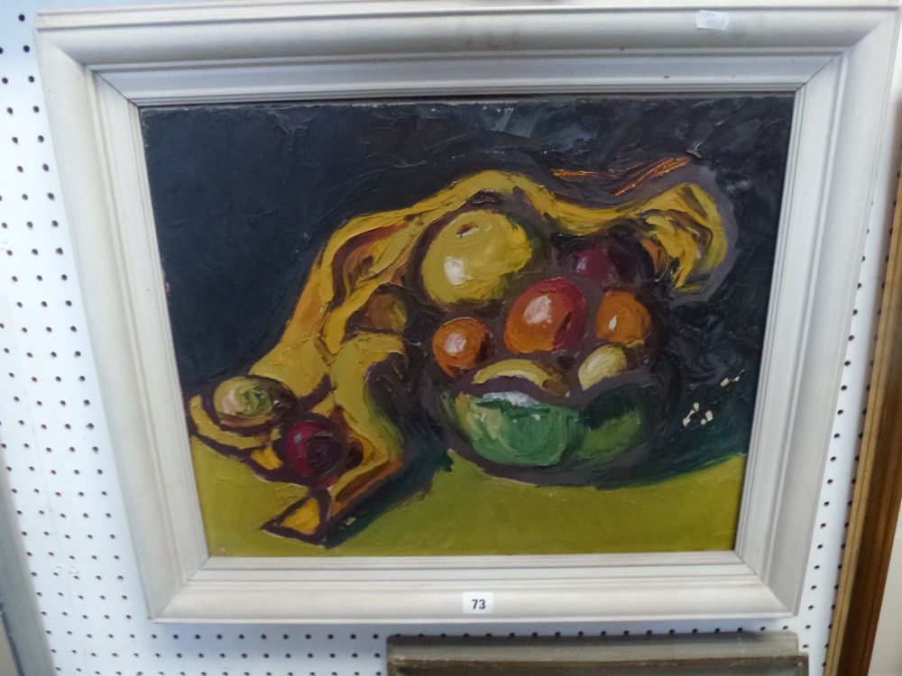 An abstract still life of a bowl of fruit signed Major, oil on canvas (45 x 55 cm), painted wood - Image 2 of 2