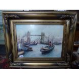 Tugs on the Thames at Tower Bridge by M. Marti, signed, watercolour (29 x 39 cm), gilt frame FOR