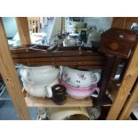 A pair of oak book shelves, four pottery pos, an oriental lacquer box and cover, three wooden