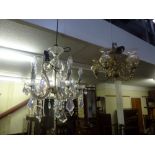 A five branch crystal drop electrolier plus a five branch brass ceiling light with glass shades [