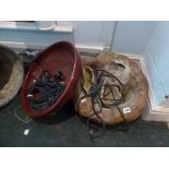 A stoneware water fountain and a large circular red bowl [hall] FOR DETAILS OF ONLINE BIDDING ON