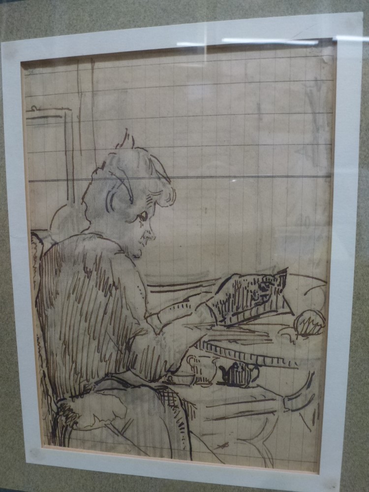 A pen and ink drawing of a woman seated at a table, circle of Sickert, circa 1910 (18.5 x 13.5cm), - Image 2 of 2