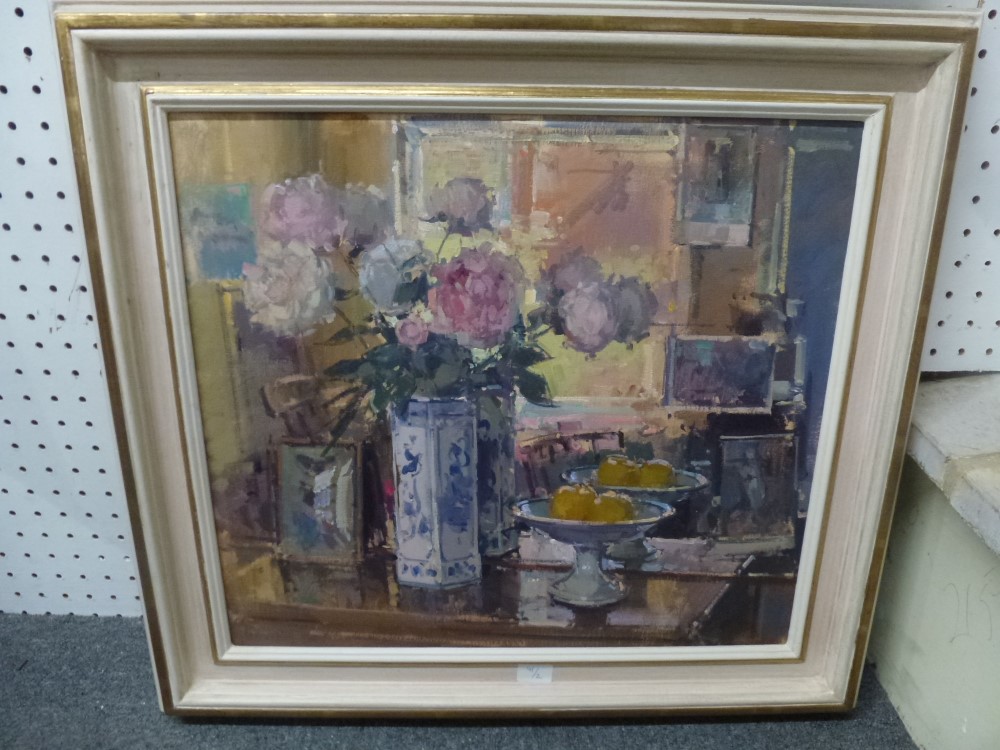 'Jenny's peonies', an interior, with peonies in a Chinese vase and fruit, by John Martin, signed, - Image 3 of 3