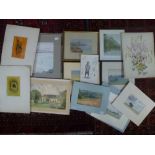 A tray of loose watercolours, drawings, etc., and three framed watercolours [T] FOR DETAILS OF
