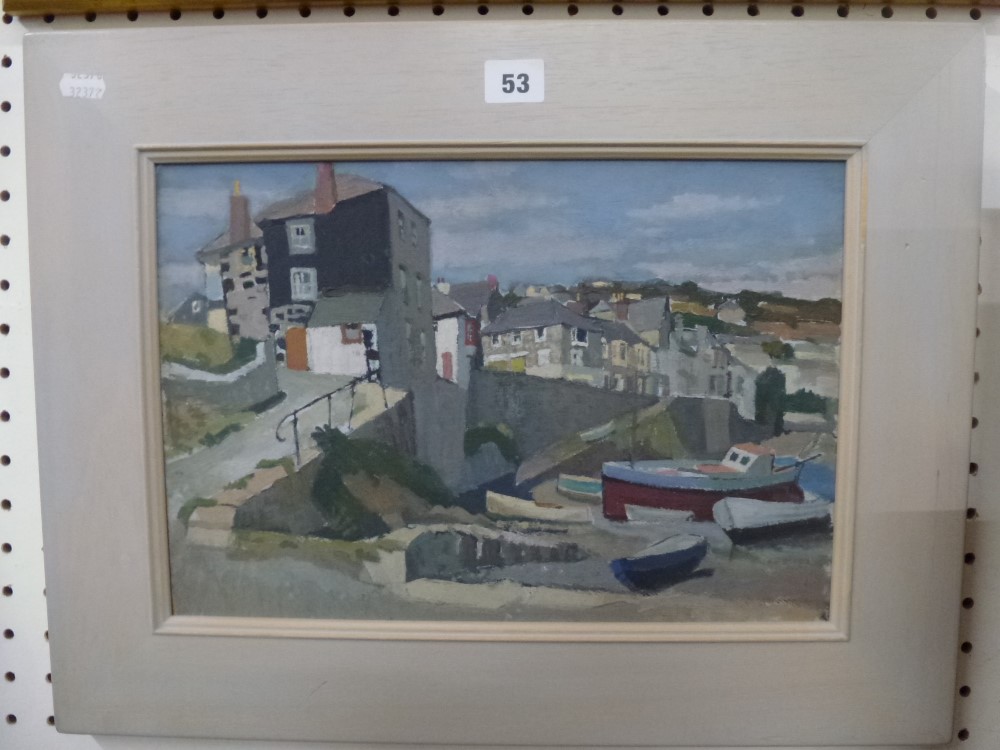 'Mousehole, Cornwall' by Harry Rutherford, gifted 2001, oil on board (25.5 x 37 cm), painted frame,